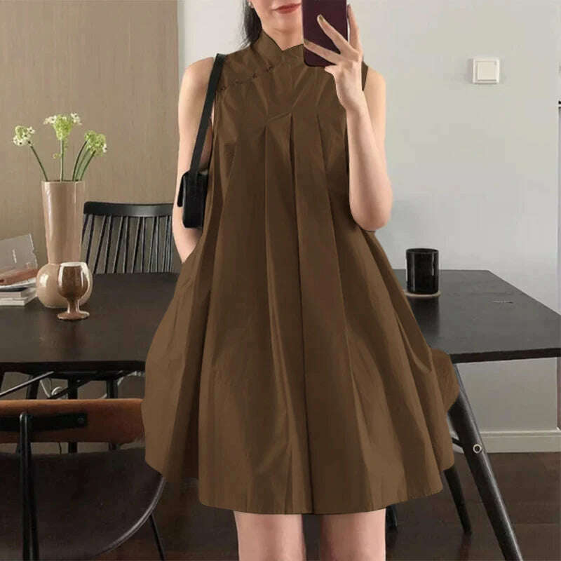 ZANZEA Elegant Sleeveless A-line Vestidos 2024 New Chinese Dress Women Pleating Party Dress Vintage Fashion Mandarin Collar Robe - KIMLUD